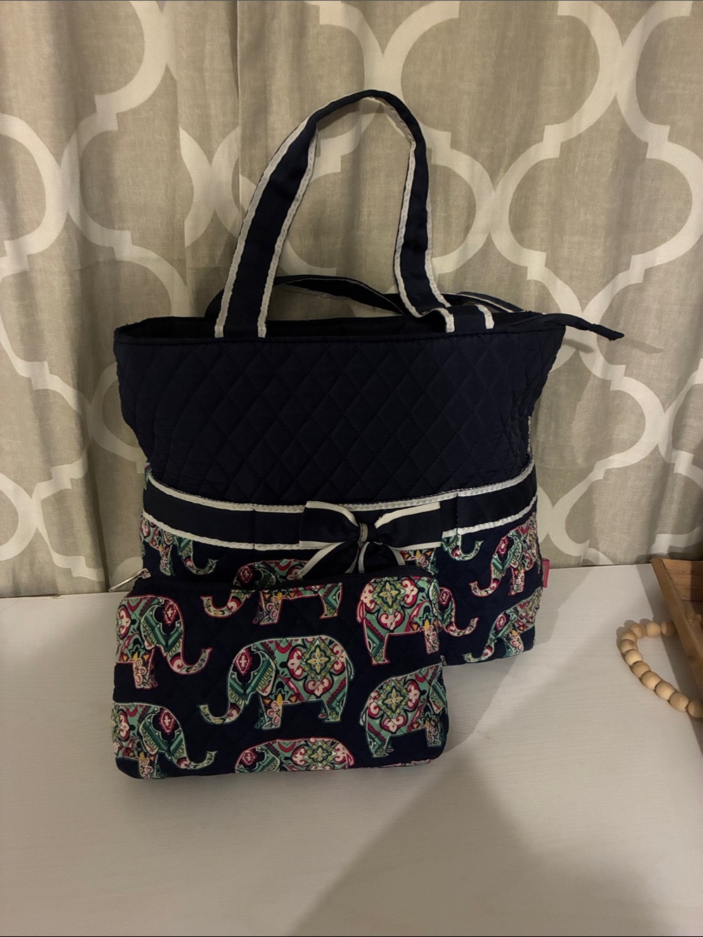 Quilted Navy Tote with Elephant Print - Brand:N-Gil